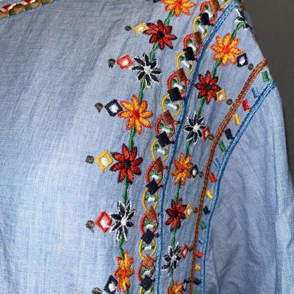 ZARA Embroidered BOHO Peasant Top Blue Floral Pom Poms Beaded Puff Sleeves  XL - Picture 3 of 11